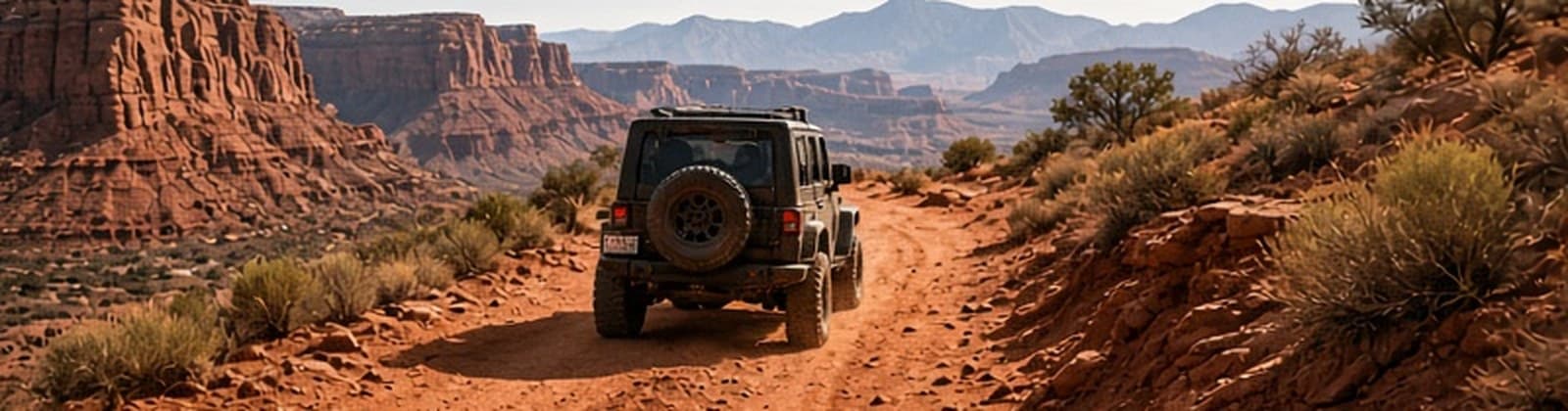 A black Jeep driving away on a red-dirt road through red sandstone near Moab