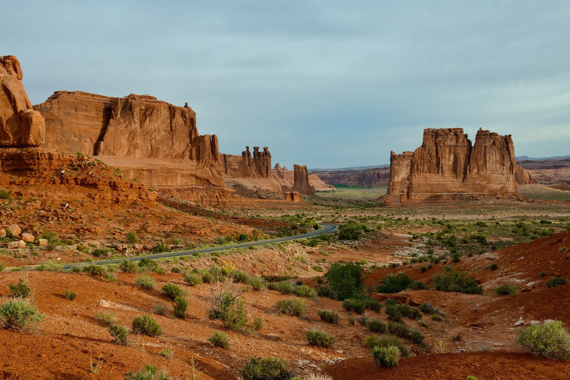 Red rock towers and desert road near Moab, Utah