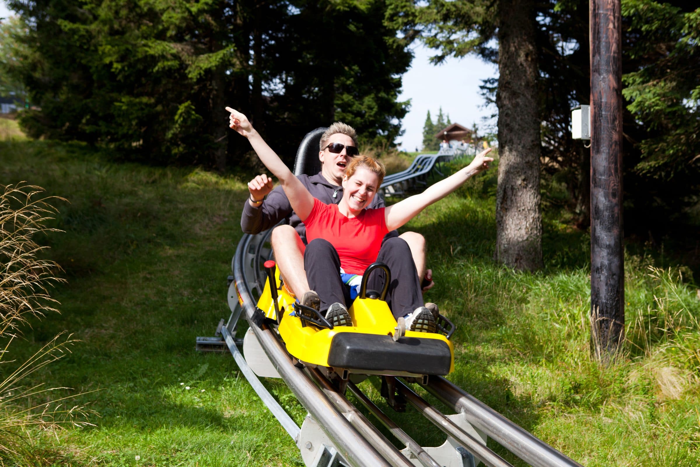 Two smiling riders with arms up on an alpine coaster sled through forest