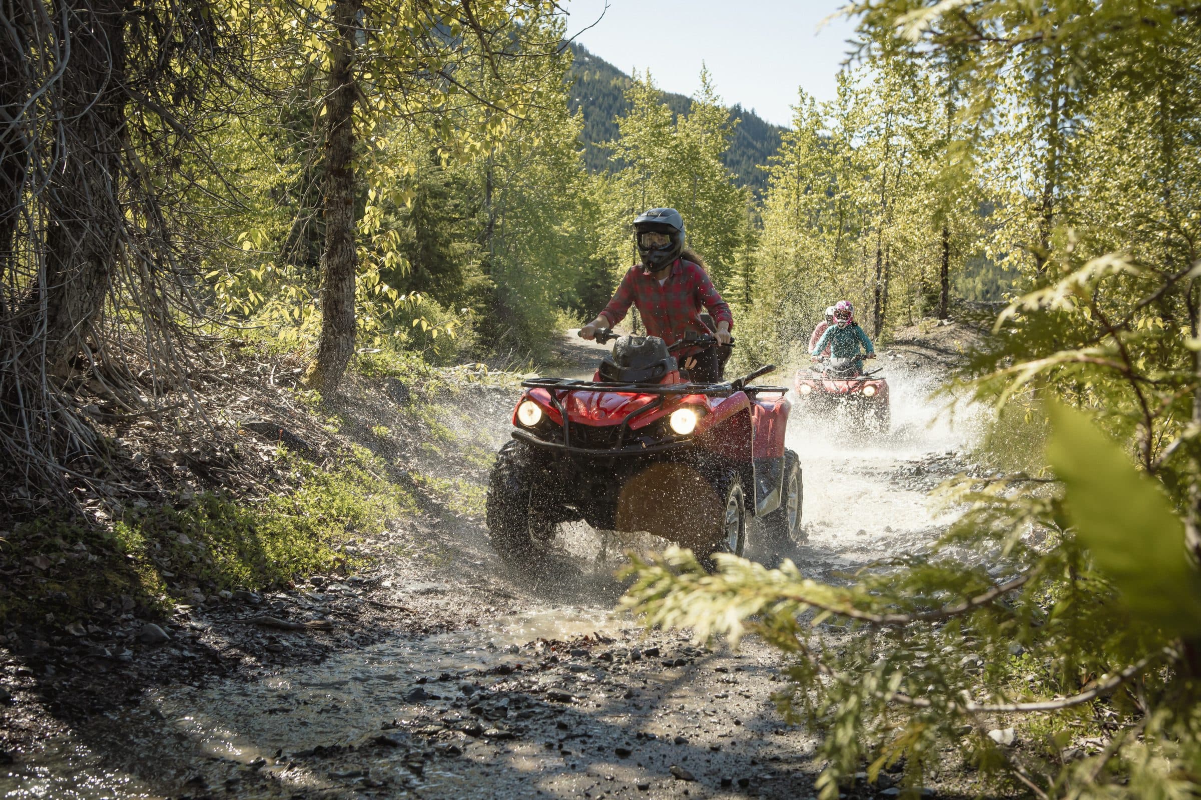 Two riders on red ATVs kicking up dust on a sunny forest trail